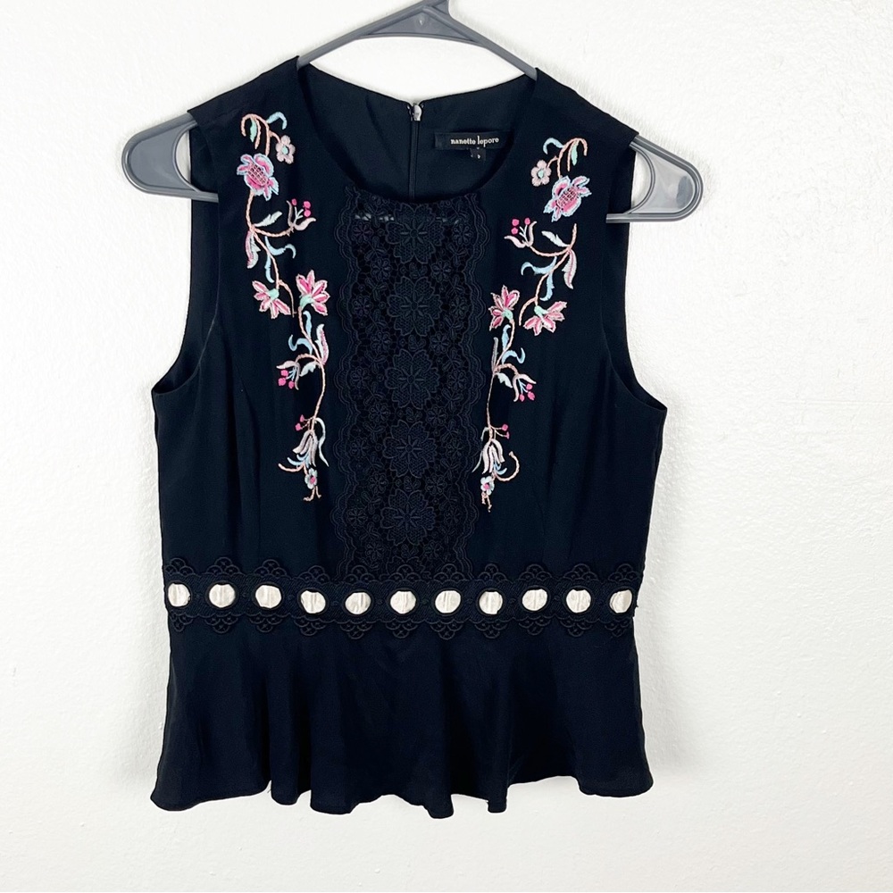 NANETTE LAPORE Poise Black 100% Silk Embroidered Lace Inset Sleeveless Top 2